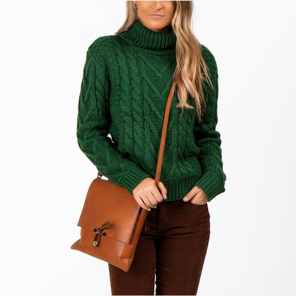 Jun & Ivy Francesca's Emerald Green Cable Knit Turtleneck Sweater Size M